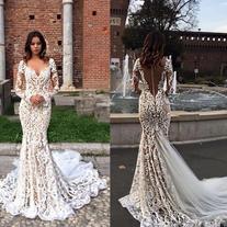 Modest Lace Mermaid Wedding Dresses Long Sleeves V Neck Trumpet Illusion Backless Bridal Gowns Sweep Train robe de mariée