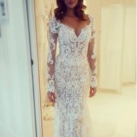 Modest Lace Mermaid Wedding Dresses Long Sleeves V Neck Trumpet Illusion Backless Bridal Gowns Sweep Train robe de mariée - Thumbnail 1