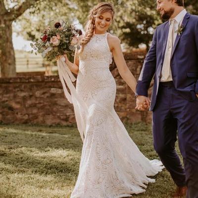 Lace mermaid wedding dresses jewel neck hollow back sleeveless sweep train appliqued country wedding dress plus size robes de mariée - Thumbnail 5