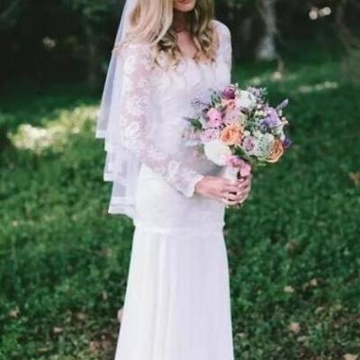 White chiffon boho sheath wedding dresses full lace scoop neck sexy garden country style boho bridal gowns with long sleeves backless - Thumbnail 5