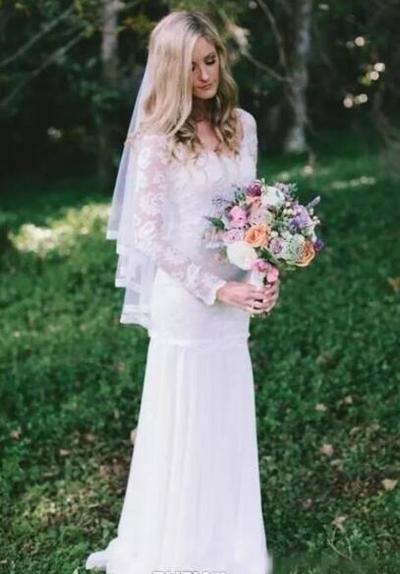 White Chiffon Boho Sheath Wedding Dresses Full Lace Scoop Neck Sexy Garden Country Style Boho Bridal Gowns with Long Sleeves Backless