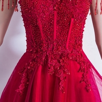 Burgundy tulle lace long prom dress, burgundy evening dress - Thumbnail 3