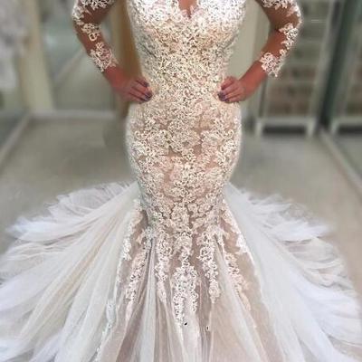 Custom made mermaid wedding dresses gorgeous long sleeve 2019 lace appliqued ruched tulle bridal gowns with court train - Thumbnail 3