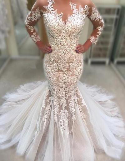 Custom Made Mermaid Wedding Dresses Gorgeous Long Sleeve 2019 Lace Appliqued Ruched Tulle Bridal Gowns with Court Train