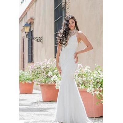 Sexy mermaid wedding dresses white chiffon high neck sleeveless with pearls open illusion back sweep train custom made bridal gowns - Thumbnail 3