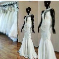 Sexy Mermaid Wedding Dresses White Chiffon High Neck Sleeveless with Pearls Open Illusion Back Sweep Train Custom Made Bridal Gowns - Thumbnail 1
