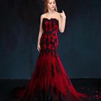 Black And Red Gothic Mermaid Wedding Dresses Sweetheart Lace Appliques Tulle Corset Back Vintage Colorful Wedding Gowns 1950s - Thumbnail 1