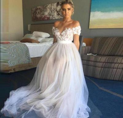 Beach Wedding Dresses Capped Sleeve Tulle Wedding Gowns Summer Cheap Bride Dress With Appliques Sash Custom Made