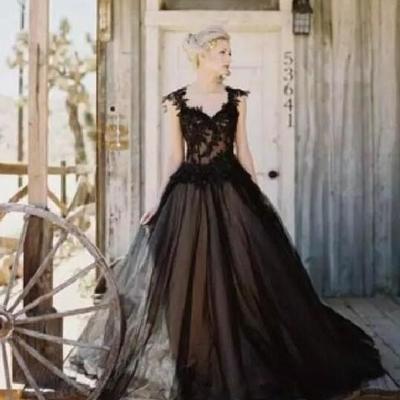 Vintage elegant black tulle lace applique gothic a-line wedding dresses cheap gothic beaded backless long bridal gowns custom - Thumbnail 3