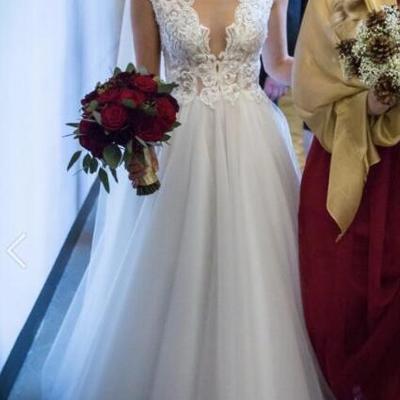 Tulle beach wedding dresses jewel neck lace appliques sheer backless wedding gowns cheap custom made floor length wedding dress - Thumbnail 3