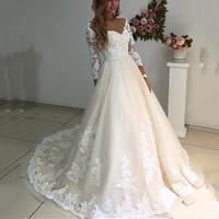 Long Sleeves A-line Wedding Dresses 2019 V-Neck Lace Appliques Chapel Train Wedding Gowns Off Shoulder Vintage Bridal Dress Custom Made - Thumbnail 1