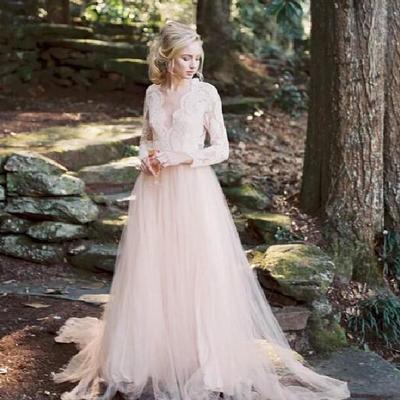 Modest blush wedding dresses bohemia style deep v-neck a-line hollow back long sleeve lace tulle bridal gowns vestido de noiva - Thumbnail 3