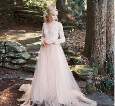 Modest Blush Wedding Dresses Bohemia Style Deep V-Neck A-Line Hollow Back Long Sleeve Lace Tulle Bridal Gowns Vestido De Noiva
