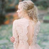 Modest Blush Wedding Dresses Bohemia Style Deep V-Neck A-Line Hollow Back Long Sleeve Lace Tulle Bridal Gowns Vestido De Noiva - Thumbnail 3