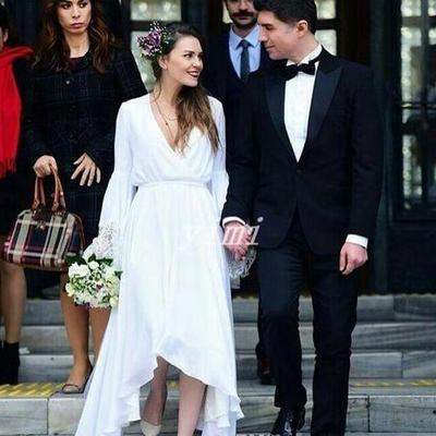 White summer bohemian wedding dresses v neck long trumpet sleeve tea length lace chiffon beach boho country bridal gowns plus size - Thumbnail 4