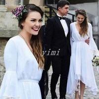 White Summer Bohemian Wedding Dresses V Neck Long Trumpet Sleeve Tea Length Lace Chiffon Beach Boho Country Bridal Gowns Plus Size - Thumbnail 1