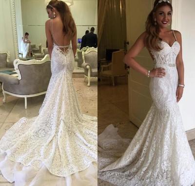 Backless Berta Bridal Gowns Mermaid Full Lace Wedding Dresses Sweetheart Neck Sleeveless Long Court Train Vintage Lace Gowns