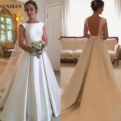 Satin wedding dresses a line cap sleeve sexy backless bridal gowns with lace vestido de novia manga larga - Thumbnail 4