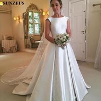 Satin Wedding Dresses A Line Cap Sleeve Sexy Backless Bridal Gowns With Lace vestido de novia manga larga - Thumbnail 1