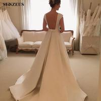 Satin Wedding Dresses A Line Cap Sleeve Sexy Backless Bridal Gowns With Lace vestido de novia manga larga - Thumbnail 2