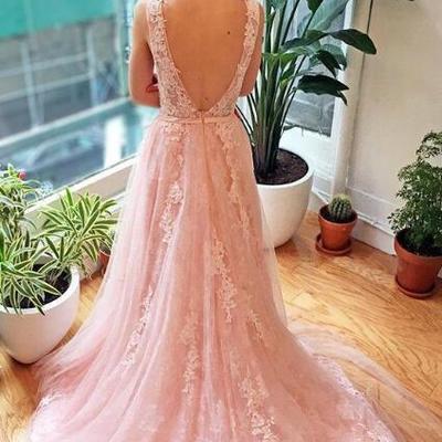 Blush pink tulle a line wedding dresses with applique lace sexy open back bridal gowns - Thumbnail 4