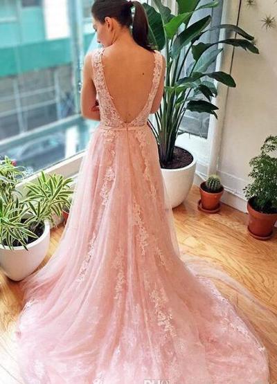Blush Pink Tulle A Line Wedding Dresses with Applique Lace Sexy Open Back Bridal Gowns