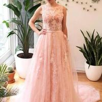 Blush Pink Tulle A Line Wedding Dresses with Applique Lace Sexy Open Back Bridal Gowns - Thumbnail 1