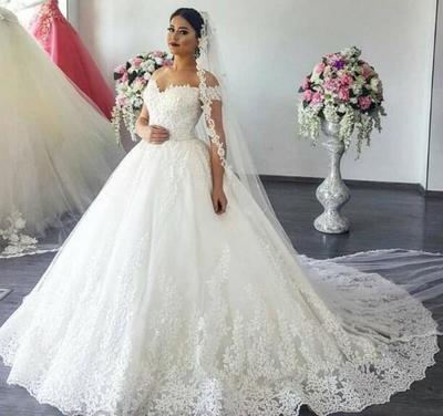 Charming Lace Wedding Dresses Off Shoulder Sweep Train Appliques Garden Chapel Bridal Gowns Arabic vestido de novia Plus Size