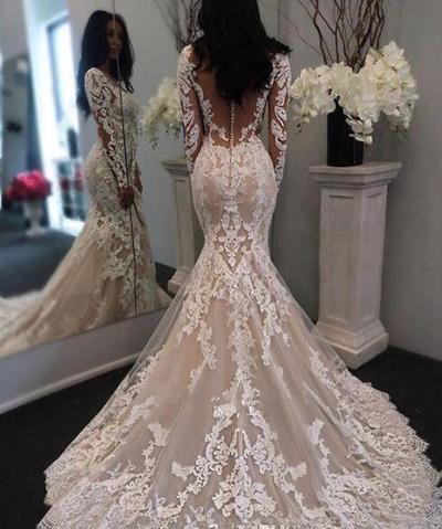 New Illusion Long Sleeves Lace Mermaid Wedding Dresses Tulle Applique Court Wedding Bridal Gowns With Buttons