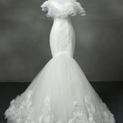 Vintage off shoulder wedding dresses mermaid hand made flowers draped layers bridal gowns plus size country wedding gowns custom made - Thumbnail 3