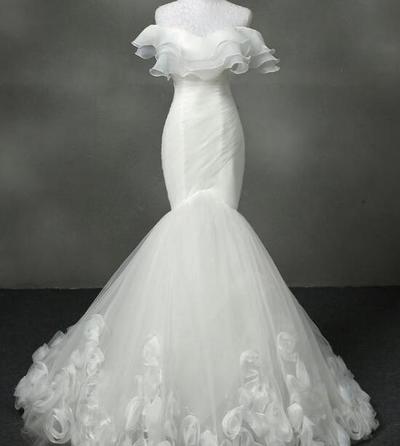 Vintage Off Shoulder Wedding Dresses Mermaid Hand Made Flowers Draped Layers Bridal Gowns Plus Size Country Wedding Gowns Custom Made