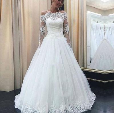 Gorgeous Boat Neck A-line Wedding Dresses Long Sleeves White Lace Appliques Wedding Gowns Vintage Bridal Dress Vestidos De Noiva