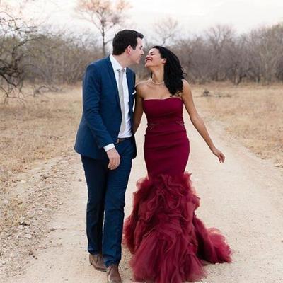 Burgundy mermaid wedding dresses wine red strapless backless long bridal party gowns plus size vestidos de novia sirena - Thumbnail 4