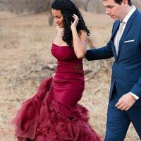Burgundy Mermaid Wedding Dresses Wine Red Strapless Backless Long Bridal Party Gowns Plus Size vestidos de novia sirena - Thumbnail 1