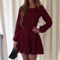 Women's Solid Color Fashion Sexy Round Neck Princess Dress - Thumbnail 2