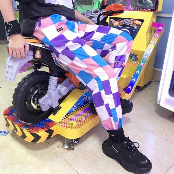 90s Color Block Checker Casual Jogger Pants