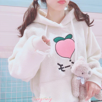 Peach Embroidery Lamb Wool Hoodie Sweatshirt