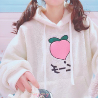 Peach Embroidery Lamb Wool Hoodie Sweatshirt - Thumbnail 1