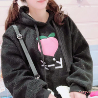 Peach Embroidery Lamb Wool Hoodie Sweatshirt - Thumbnail 4