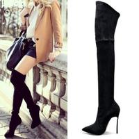 Unique Black Pointed Boots Super High Heels Over the knee stretch boots Hot - Thumbnail 1