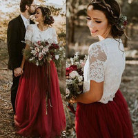 Elegant Two Piece Burgundy Prom Dresses Wedding Dresses with Half Sleeves - Thumbnail 1