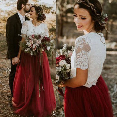 Elegant two piece burgundy prom dresses wedding dresses with half sleeves - Thumbnail 5