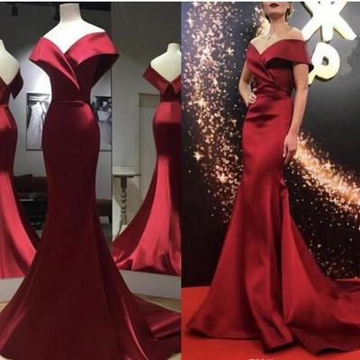 Off the shoulder mermaid prom evening dresses burgundy satin backless african celebrity gowns sweep train - Thumbnail 5