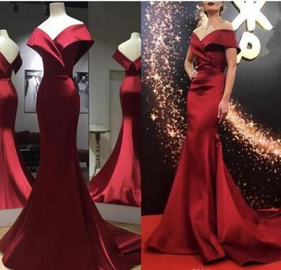 Off The Shoulder Mermaid Prom Evening Dresses Burgundy Satin Backless African Celebrity Gowns Sweep Train