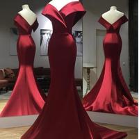 Off The Shoulder Mermaid Prom Evening Dresses Burgundy Satin Backless African Celebrity Gowns Sweep Train - Thumbnail 2