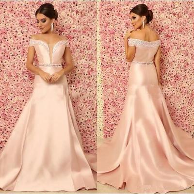 Sexy blush pink evening dresses mermaid off shoulder beaded crystal sash sweep train satin deep v neck arabic prom party pageant gowns - Thumbnail 5