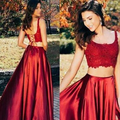Sexy two piece dark red long prom dress with lace appliqued side split satin back lace up floor length formal evening wear custom - Thumbnail 5
