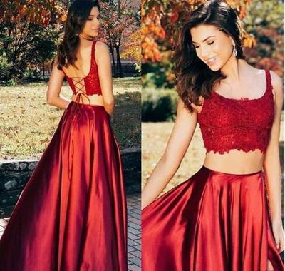Sexy Two Piece Dark Red Long Prom dress with Lace Appliqued Side split Satin Back Lace Up Floor Length formal Evening Wear Custom