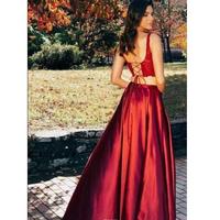 Sexy Two Piece Dark Red Long Prom dress with Lace Appliqued Side split Satin Back Lace Up Floor Length formal Evening Wear Custom - Thumbnail 2