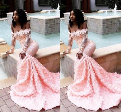 Beautiful Bateau Long Sleeves Lace Appliques 3D Flowers Adorned Prom Dresses Evening Gowns Long Formal Formal Party Gowns